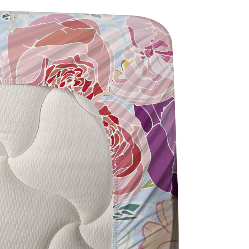 Ambesonne Watercolor Botany Sheet Set 4 Pcs Retro Boho Bloom, Pale Fuchsia Pale Pink Floral