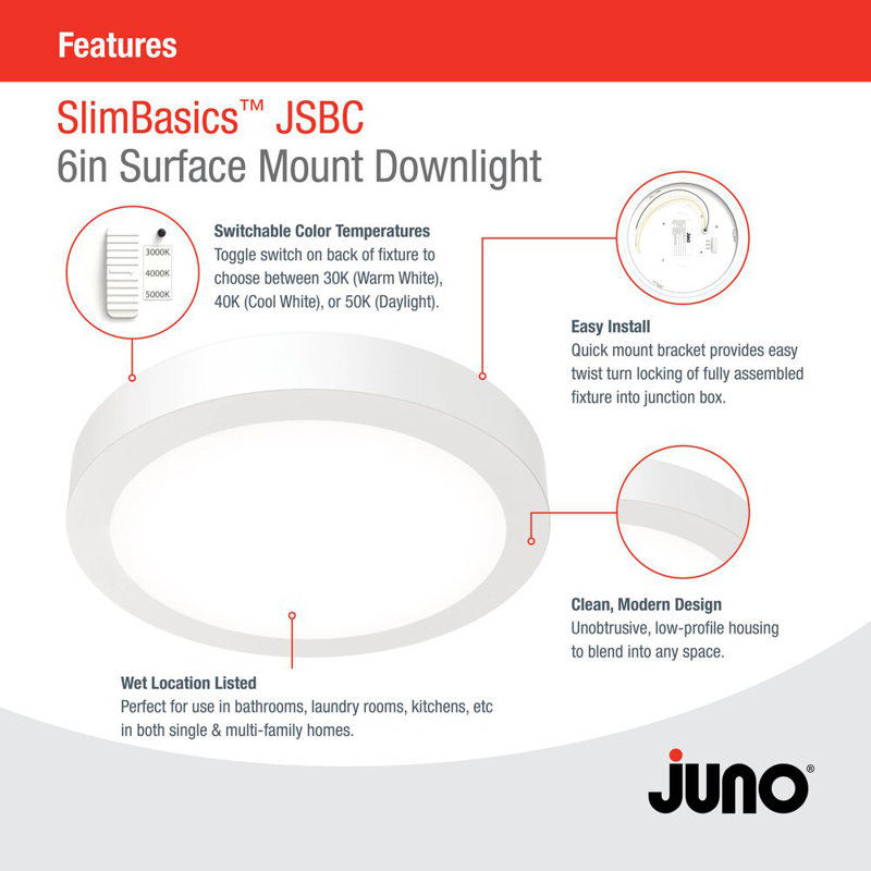 6in JSBC Edged Trim Switchable White Surface Mount Downlight Matte White, 6-Pack