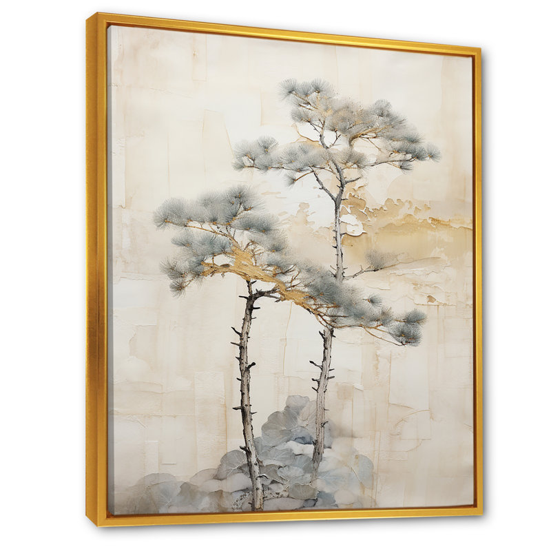 " Beige Tree Pine Tranquility III ", Gold Floater Framed, 32" H x 16" W x 1" D