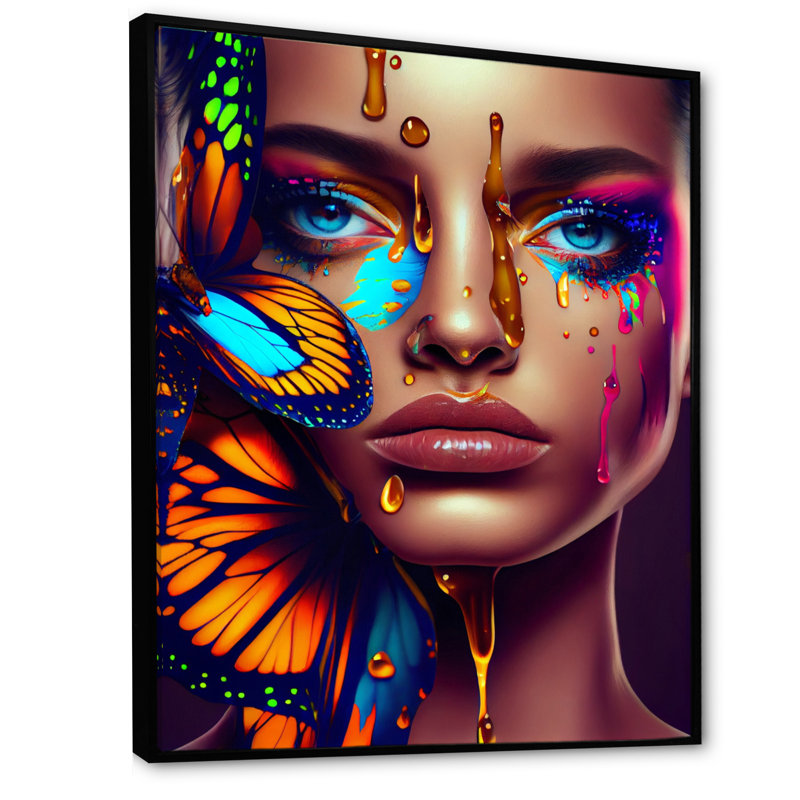 «Sensual Woman with Colorful Butterfly I», impression sur toile, H 32 po x l 24 po x P 1 po, Cadre flottant noir