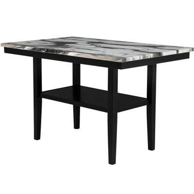 Table de salle à manger à hauteur de comptoir rectangulaire de 60 po pour la salle à manger, plateau en lave gris anthracite imitation marbre, base en bois d'ingénierie noir mat, tablette de rangement, 4 sièges, style moderne, finition brillante, assemblage nécessaire avec la cuisine