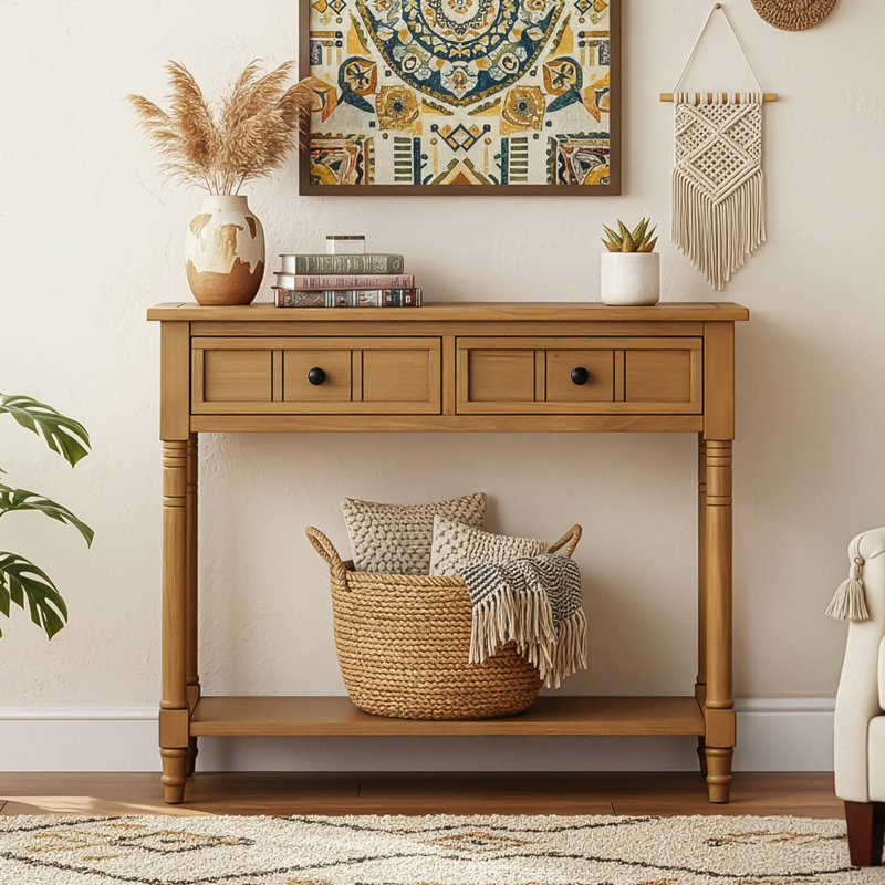 35.4" Console Table With Two Drawers And Bottom Shelf, Natural