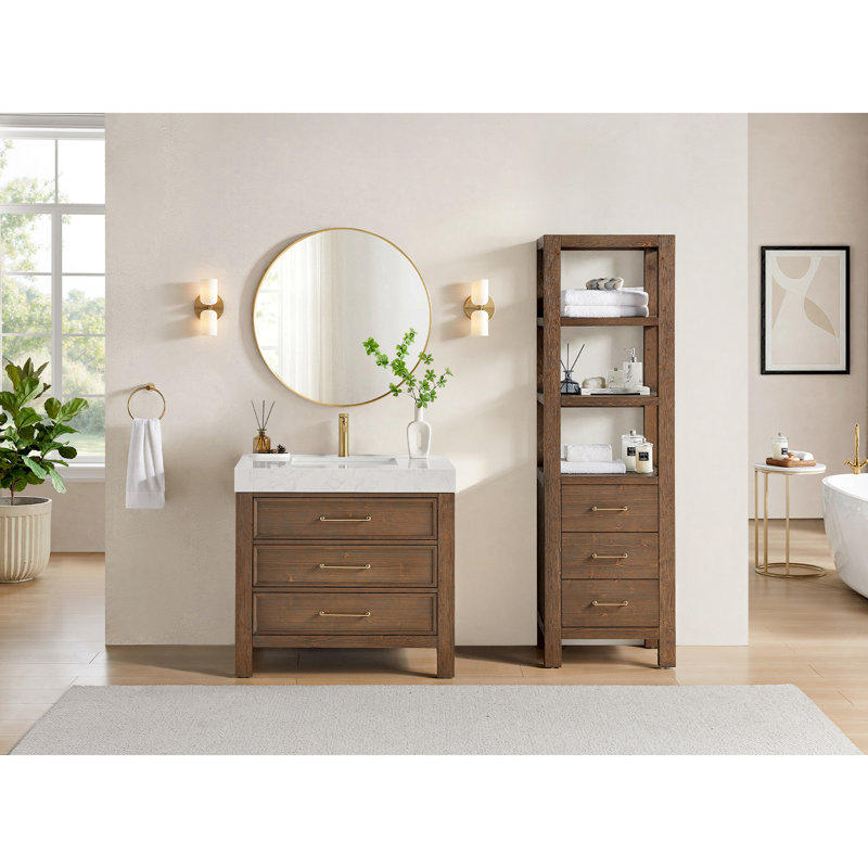 Meuble-lavabo simple Frederica de 91 cm (36 po) en brun vieilli épicéa avec comptoir en pierre composite et miroir, Blanc, Or