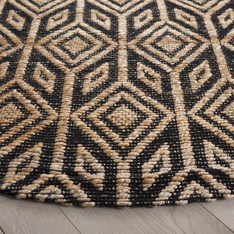 Roemer Natural Fiber Handloomed Jute Cotton Geometric Rug in Black/Natural, Round 7'