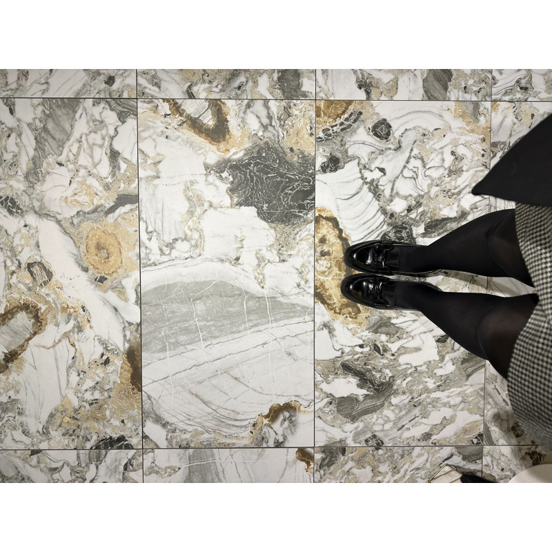High Gloss 19.3" x 38.6" Porcelain Marble Look Wall Floor Use Tile, Jade Gold