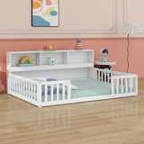 Floor Bed With Side Bookcase,Shelves,Guardrails