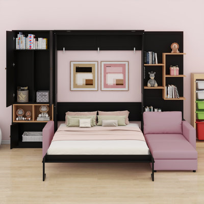 Canapé-lit escamotable peu encombrant avec tablettes de rangement, armoires et deux lumières