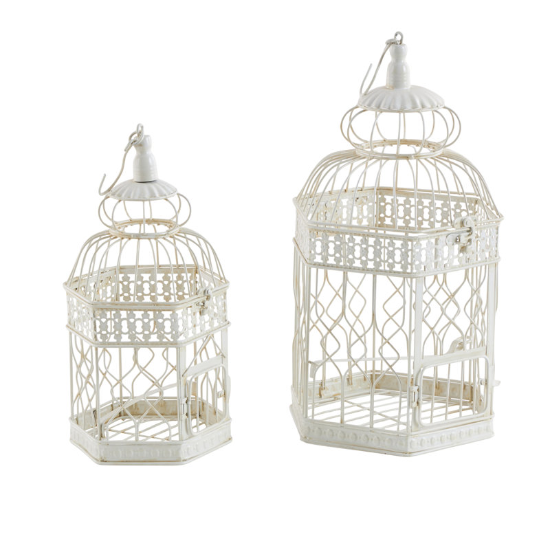 Normanhurst Cream Metal Distressed Wire Decorative Scroll Birdcage with Latch Lock Closure and Hanging Hook Set of 2