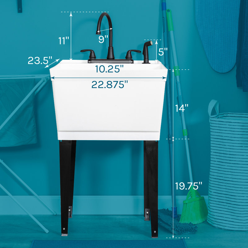 22.88 in. L x 23.5 in. W Free Standing Laundry Sink with Faucet, Matte Black, White/Black