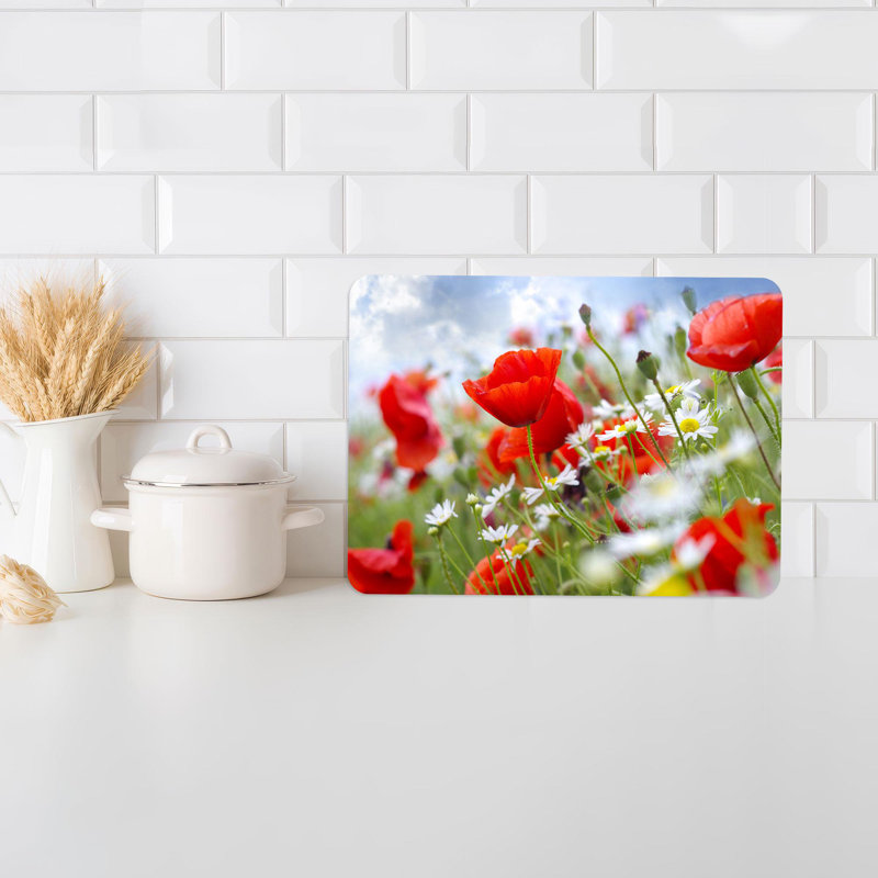Planche à découper en verre rouge à motif de coquelicots et de marguerites, parfaite pour le service et la cuisine