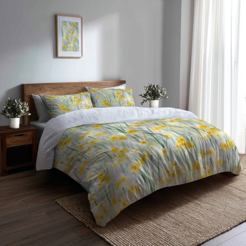 Ensemble de literie à motif floral 3 pièces - Ensemble de housse de couette et coussin décoratif Country Farmhouse Soft Daffodil Meadow