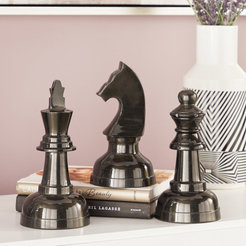 Aluminum Metal Chess Decorative Sculpture with Knight, Queen and King Set, Black