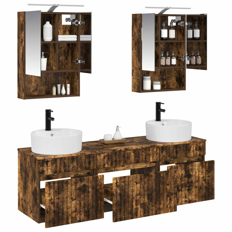 Vanity & Mirror Set, Smoked Oak