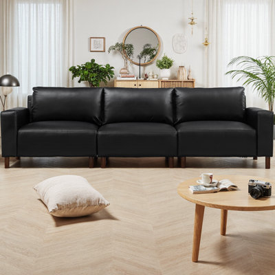 112" Mid-Century Modern Sofa, Upholstered Breathable Faux Leather 3-Seater Couch with Solid Wood Legs, Luxury PU Leather Sofa for Living Room & Apartment (Easy Assembly)