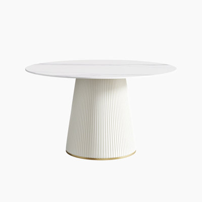 Gurseace Modern White Artificial Stone Round Beige Plywood PU Base Dining Table -  Everly Quinn, EA042D1463514DD09B5385F81B8FB17D