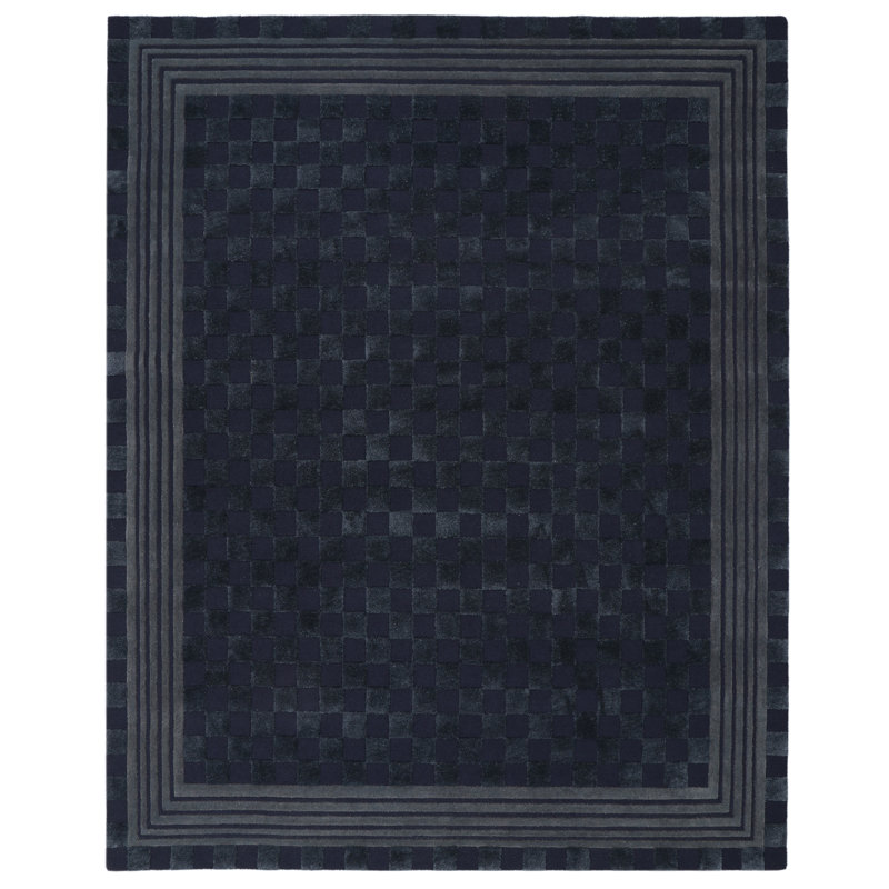 Navy Blue Tonal Check Rug, Rectangle 8' x 10'
