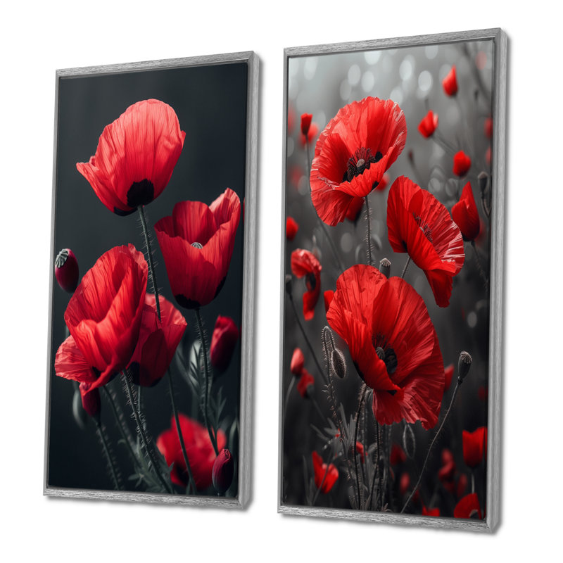 Rouge, noir, coquelicots, monochrome, charme I - coquelicots, ensemble de 2 pièces d'art mural, H 40 po x l 40 po