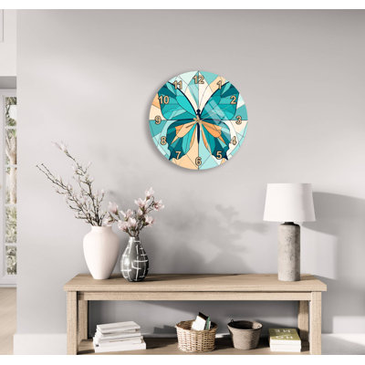 Horloge murale en verre trempé avec motif papillon coloré - art mosaïque turquoise sarcelle - élégant cadeau de montre à chiffres romains