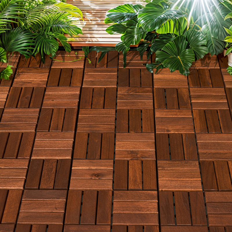 20 tuiles de terrasse en bois d'acacia - 12 po x 12 po, plancher de bois franc brun