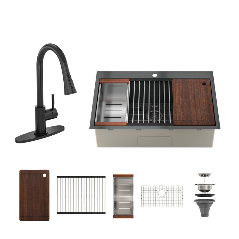 Casainc 33" L x 22" W Drop-in Stainless Steel Kitchen Sink with Faucet Included