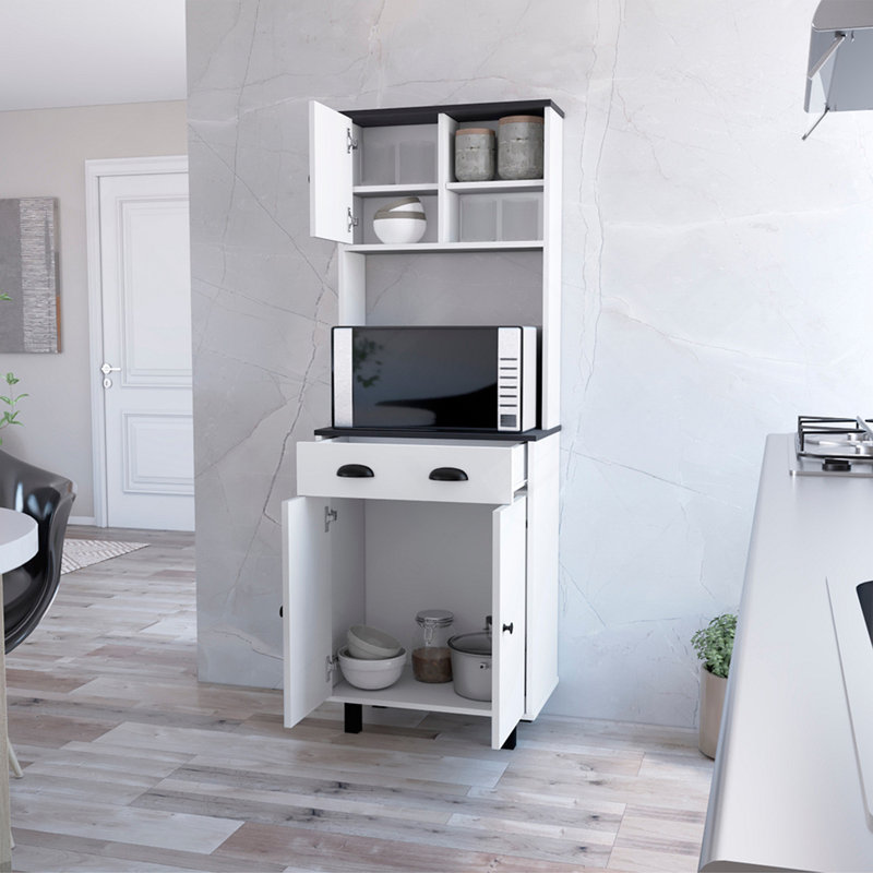 Garde-manger avec grand rangement Tacna, 2 tablettes ouvertes, 1 tiroir, 1 armoire, 2 tablettes, blanc et wengé