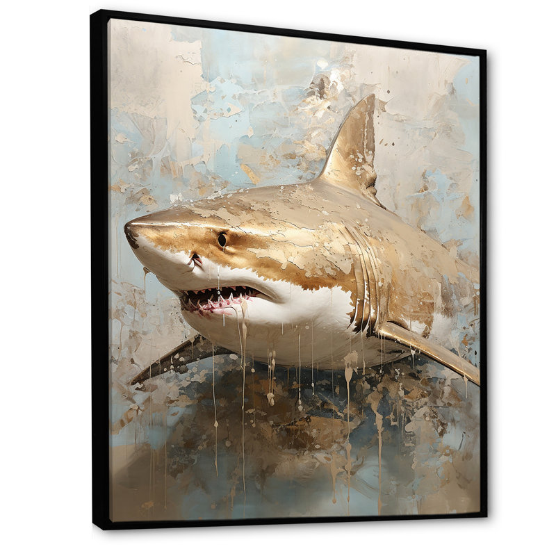 " Minimalism Shark Painting In Golden Beige ", Black Floater Framed, 32" H x 24" W x 1" D