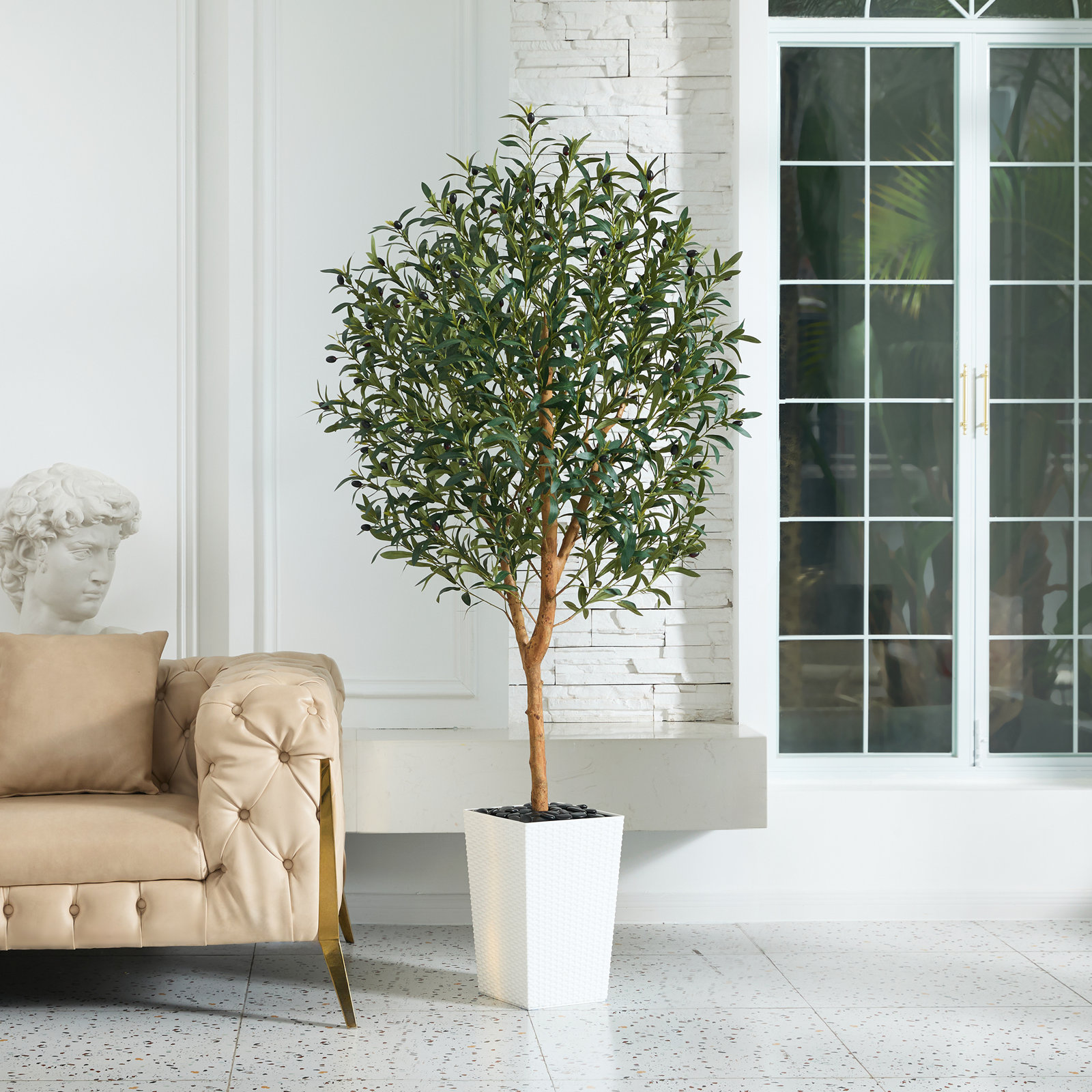 George Artificial Olive Tree with Decorative Pot, UV Resistant Faux Olive Tree with Natural Trunk, 72" H x 24" W x 24" D