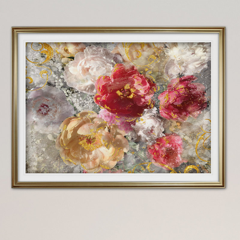 « roses le intemporel i », reproduction de peinture à l’acrylique encadrée, H 30 po x l 40 po x P 1,5 po, Or