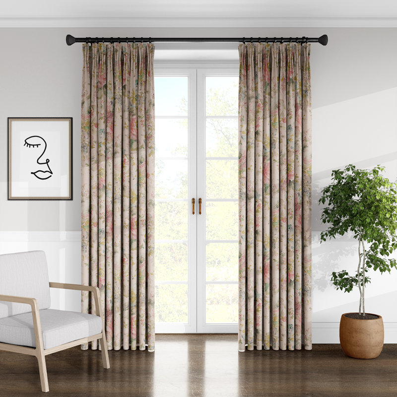 Gabrielle Drapery Linen Floral Room Darkening Pinch Pleat Single Curtain Panel, 40" W x 96" L