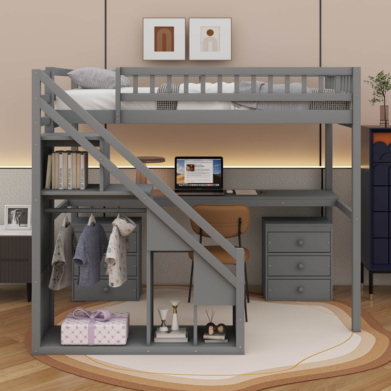 Lit mezzanine simple avec commode, bureau et lumière lumineuse, gris