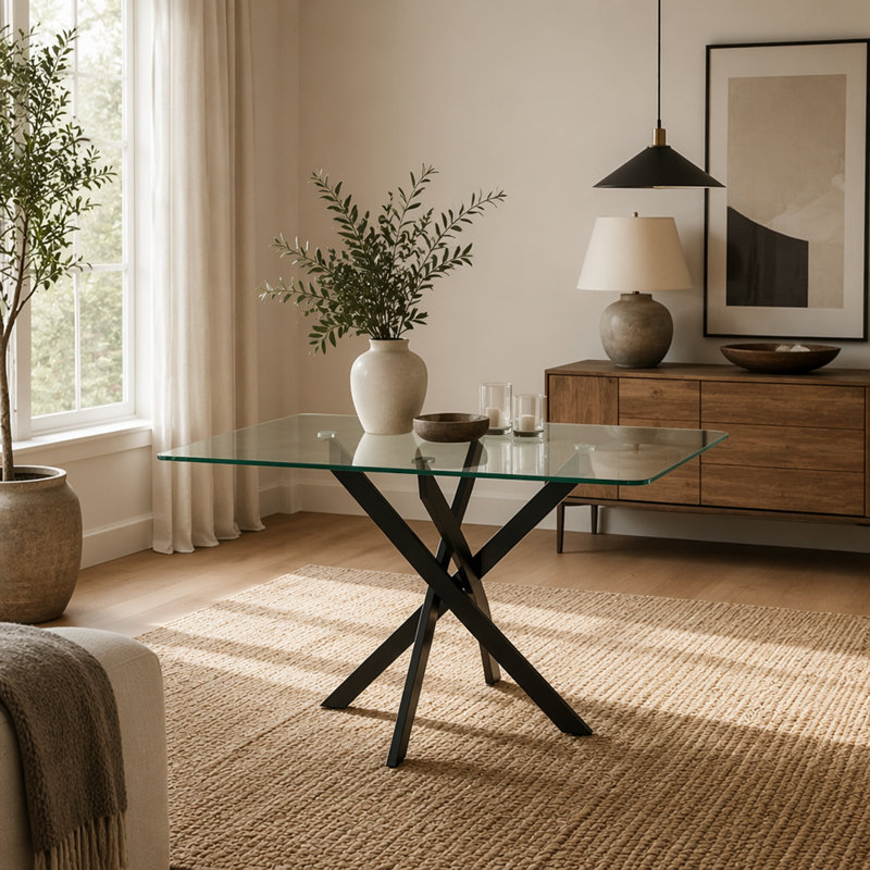 Table de salle à manger rectangulaire, table de salle à manger en verre de 47,24 po avec pieds en métal, table de cuisine moderne pour la maison, salle à manger