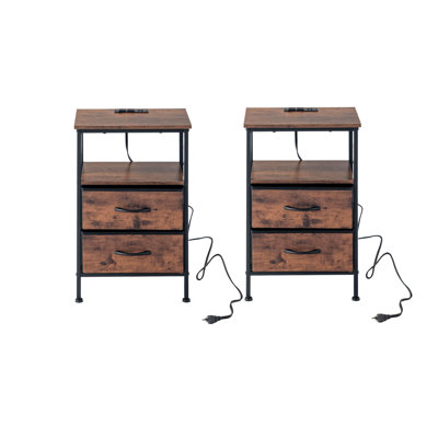 Tables de chevet à 3 niveaux avec station de charge, ensemble de 2, table de bout, table de chevet avec deux tiroirs en tissu