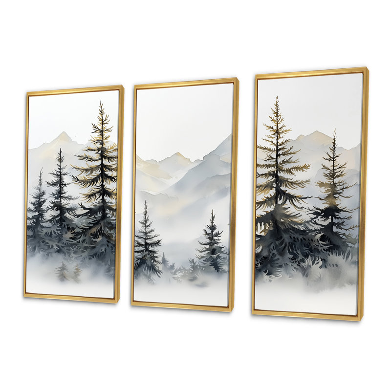 Green Pine Tree Misty Mountain - ensemble de reproductions d'art mural pin, Toile avec cadre flottant or