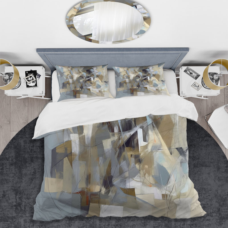 Ensemble de housse de couette en microfibre / polyester Beige et gris, Housse de couette simple + 1 taie décorative stan
