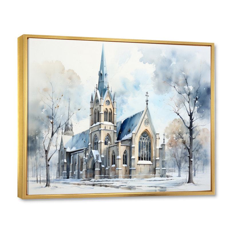 Église minimalisme harmonie - reproduction sur toile, H 30 po x l 40 po, Cadre flottant doré