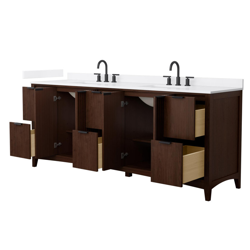 Palmilla 84" Freestanding Double Bathroom Vanity with Cultured Marble Top, Brown, Matte Black
