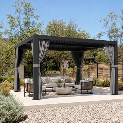 Aurora 12' Louvred Pergola With Adjustable Double -Layer Lovers,Built-In Gutter System And USB Power Socket,Mosquito Netting And Curtains