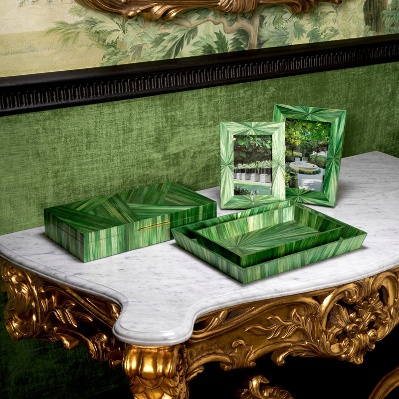 Harvard Wood Decorative Box, Straw Marquetry Green