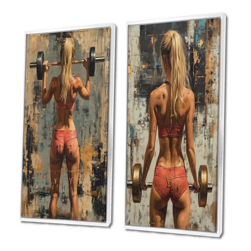 «Gym Model Woman Lifting The Deadlift I», ensemble de 2 pièces d'art mural, H 32 po x l 32 po, Impression encadrée, Blanc