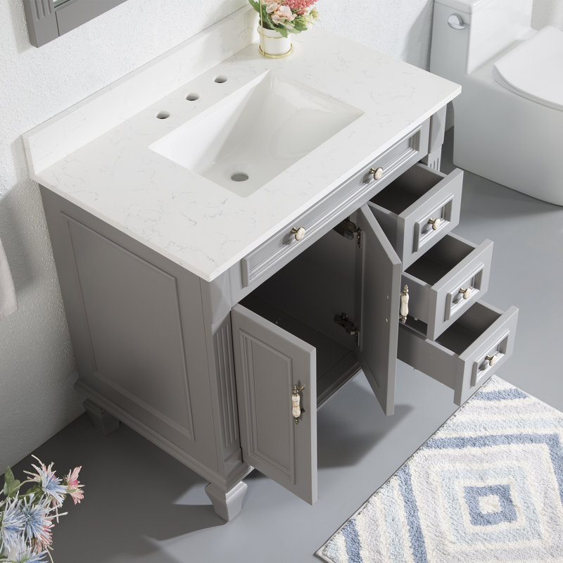 35'' H X 36'' W Solid Wood Bath Vanity with Stain-resistant Carrera Quartz Top and Single Sink, Titanium Gray