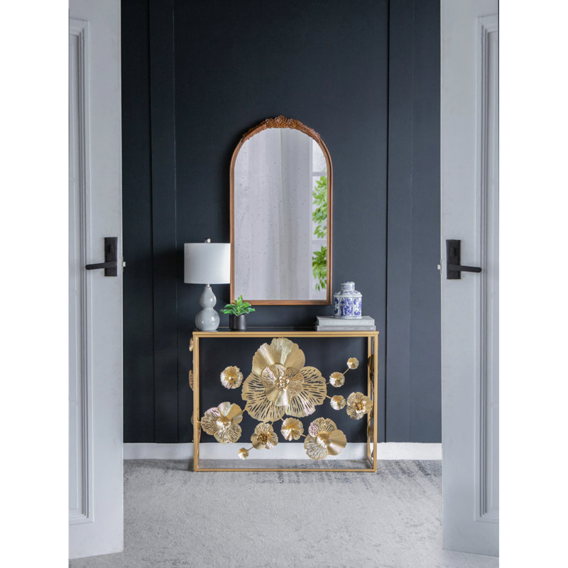 Console 39,5 "x 12" x 30,5 "dorée avec plateau en verre miroir, table d'entrée moderne pour vestibule de vestibule de salon