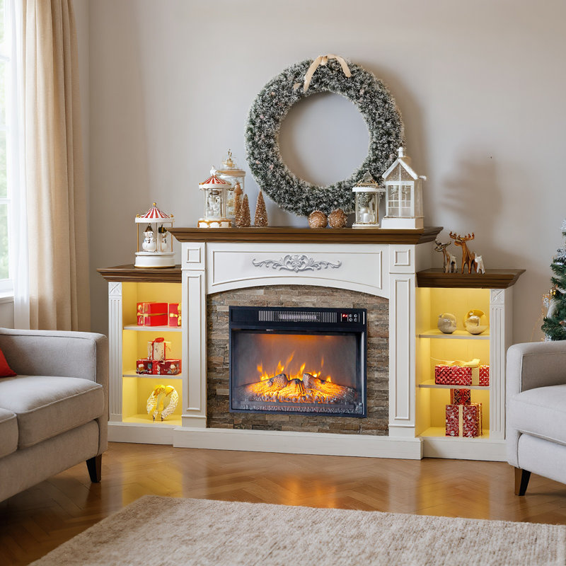 Farmhouse 70'' TV Stand For Tvs Up To 80'' With Electric Fireplace And Adjustable Shelves