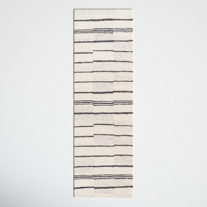 Rune Striped Handmade Tufted Wool Area Rug in Beige/Charcoal, Runner 2'6" x 10'