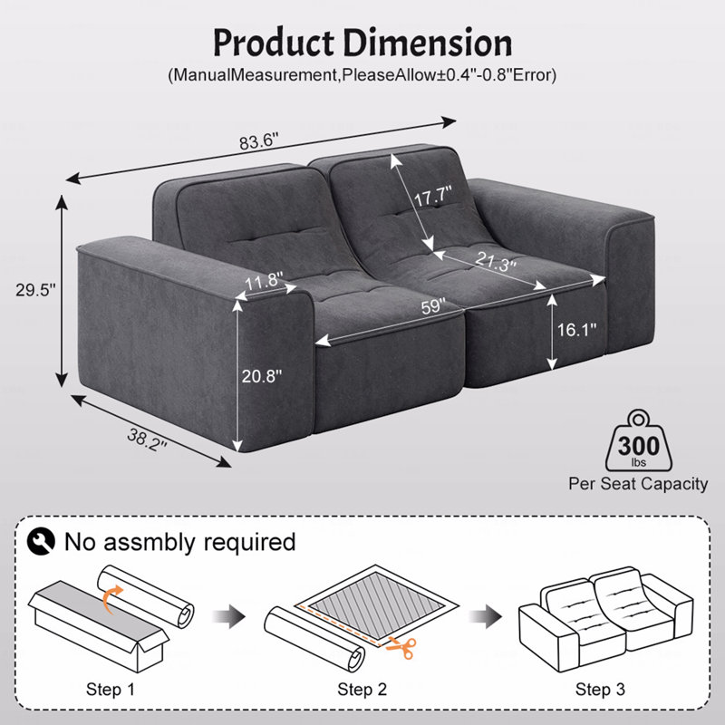 Canapé 3 places modulaire 83,6 po avec capitonnage modulaire, canapé en chenille étincelant moderne, canapé à assise profonde