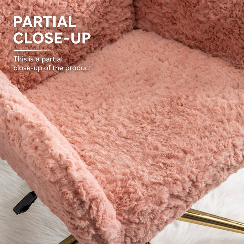 Chaise de bureau à domicile en poils de lapin artificiels avec base en métal doré, chaise de bureau pivotante et réglable, chaise de coiffeuse (rose)