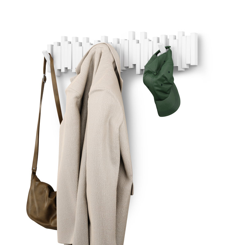 Sticks Wall Coat Rack, Wall Mount 8 Retractable Hooks, White, White