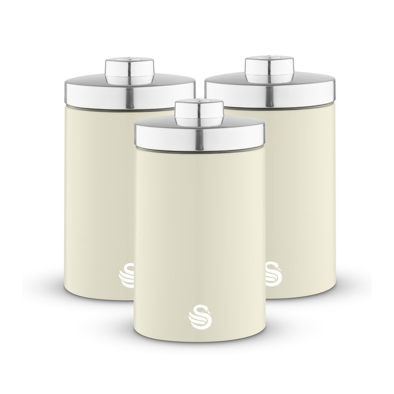 Swan Townhouse Set of 3 Kitchen Storage Canisters for Tea, Coffee, and Sugar with Pull Chrome Handles, Airtight Lids, Colour Coated Iron and Chrome Accents, 1.6L