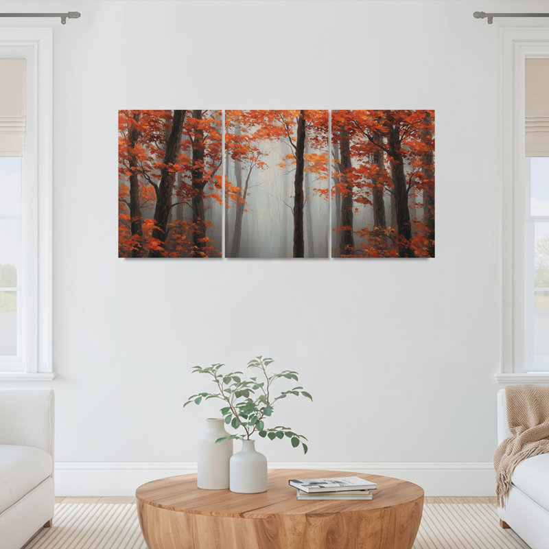 Ensemble de 3 tableaux sur toile représentant un paysage de forêt d'automne, H 24 po x l 48 po