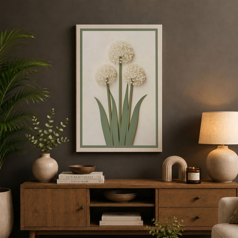 White Alliums Botanical - Wrapped Canvas, 18x12 - 45.7 x 30.5 cm, Black Border