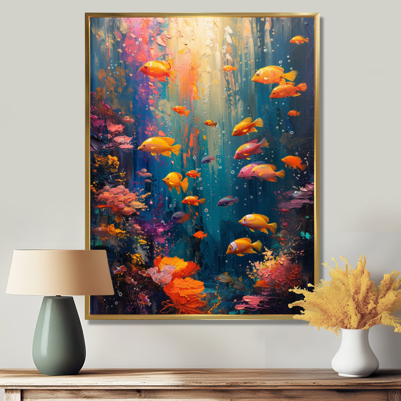 Bleu, orange, corail, poisson marin, vie II - corail, art mural, salon, Toile tendue, H 24 po x l 32 po